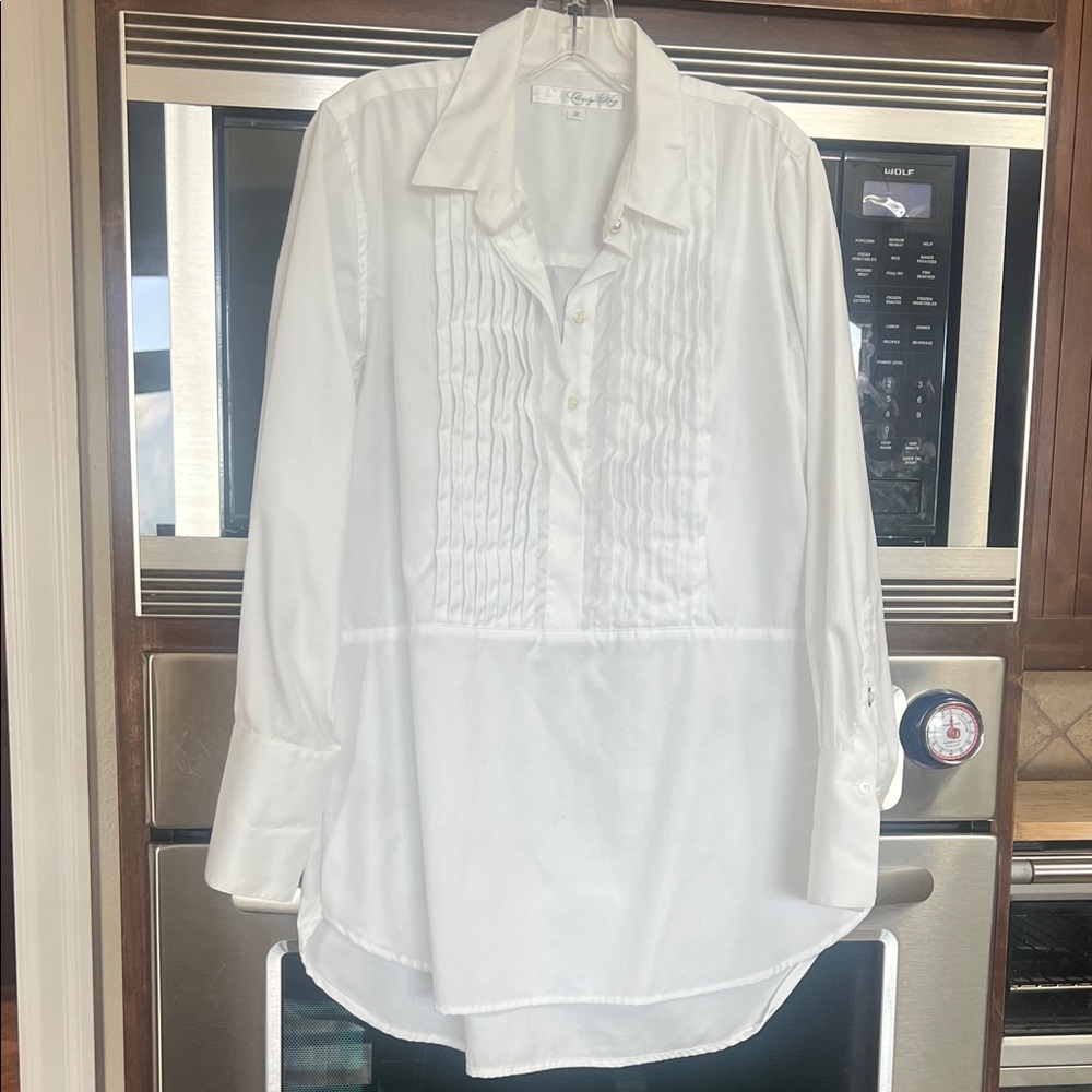 CLARIDGE & KING NWOT CRISP WHITE COTTON PLEATED TUXEDO SHIRT TUNIC CHIC ELEVATED